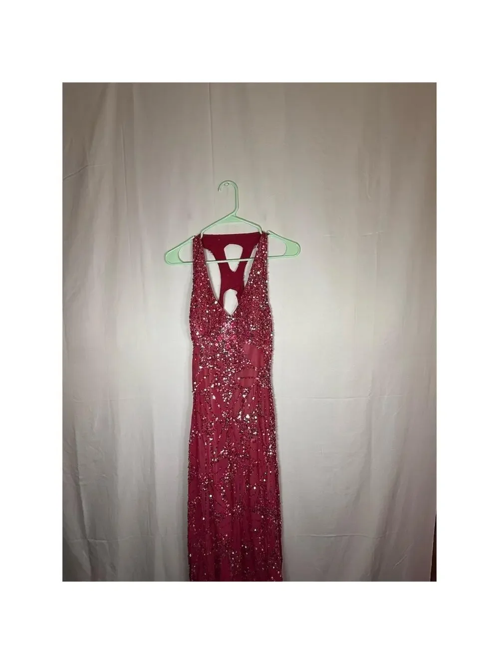 Adrianna Papell Gown Womens Size 8 Pink Sequin Halter Maxi Deep V Back Cutout - Picture 2 of 16